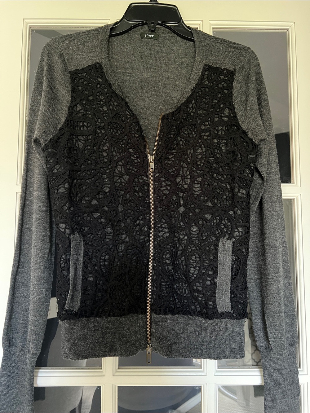 J. Crew Vintage Gray wool blend Zip Front Cardigan with Black Lace overlay Sz M